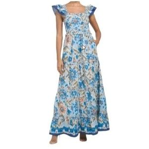 NWT House of Harlow 1960 Zoey Smocked Blue Floral Tiered Maxi Dress S